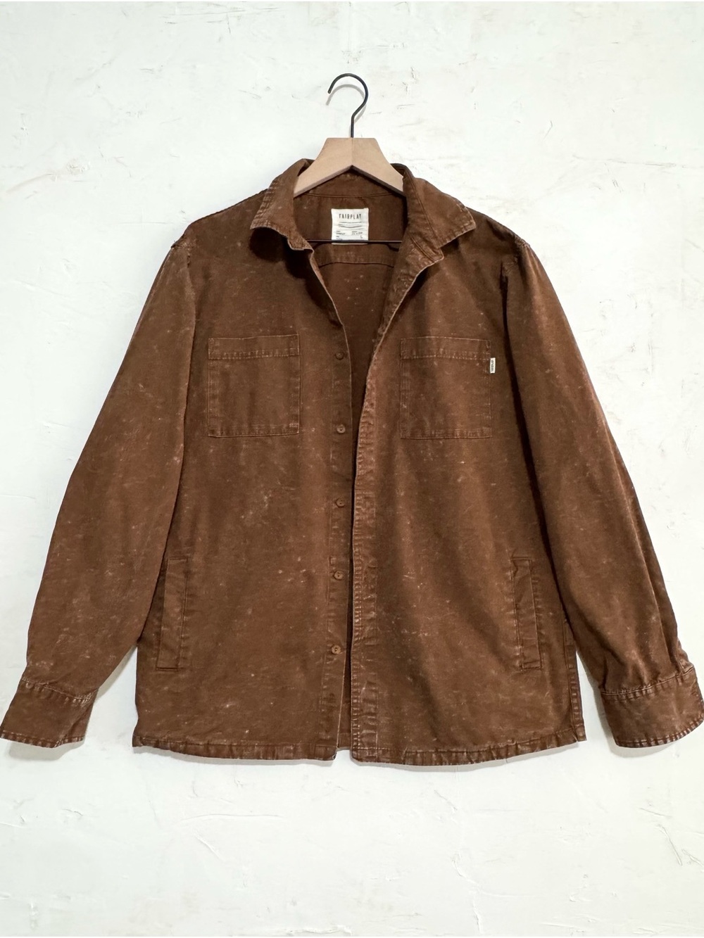 FairPlay Brown Acid Wash Shacket Large Workwear Chore Jacket Cotton Overshirt